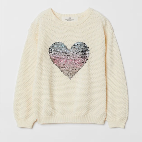 H&M Long Sleeve Textured Sweater with Flip Sequin Heart Design - Picture 1 of 10